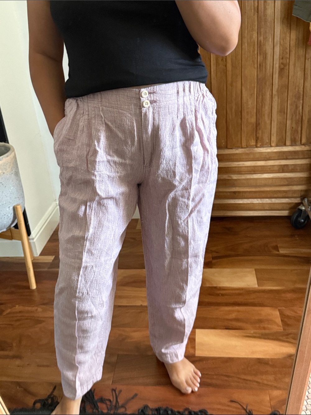 Poetry Cropped Striped Linen Tapered Trouser Yarn Dye linen. Size 10